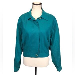 Georgiou Vintage Silk Bomber Jacket Cropped Short Coat Womens Size 8 Teal NWT